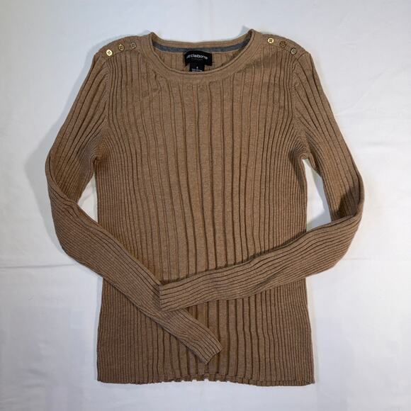 Y2K Liz Claiborne Career Tan Ribbed Knit Sweater Top Sz SM Gold Shoulder Button - Picture 3 of 7